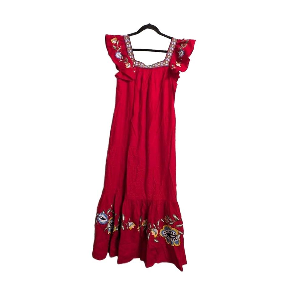 NWT Farm Rio Anthropologie Red Floral Embroidered Square Neck Boho Maxi Dress M - Picture 6 of 15